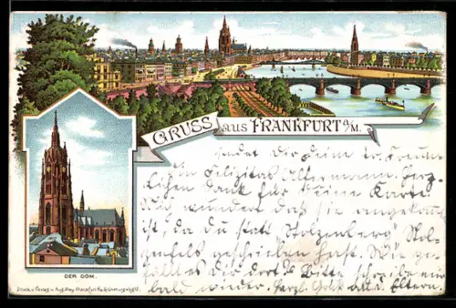 Lithographie Frankfurt a. M., Dom, Mainbrücke mit Flusspartie