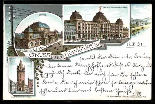 Lithographie Frankfurt a. M., Börse, Neues Reichs-Postgebäude, Eschenheimer Turm
