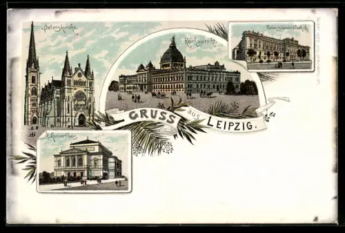 Lithographie Leipzig, Reichsgericht, Peterskirche, Konzerthaus