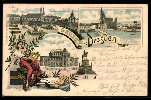 Lithographie Dresden, Hof-Theater, Altstadt, Zwinger mit Sophienkirche
