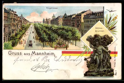 Lithographie Mannheim, Ringstrasse, Schlossbrunnen
