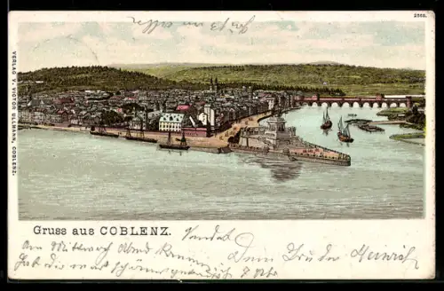 Lithographie Coblenz, Flusspartie mit Blick in den Ort