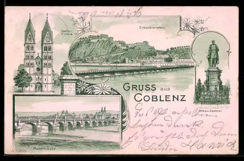 Lithographie Koblenz, Kastor-Kirche, Ehrenbreitstein, Moselbrücke
