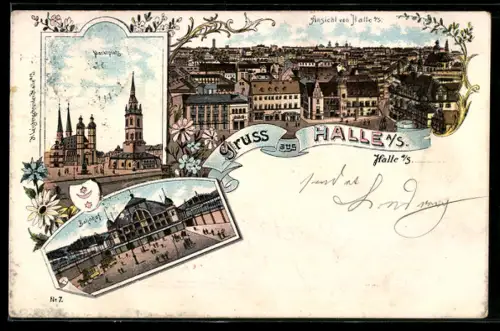 Lithographie Halle a. S., Bahnhof mit Pferdebahn, Marktplatz