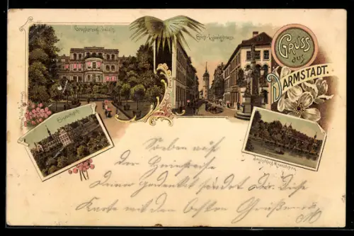 Lithographie Darmstadt, Grossherzogliches Palais, Ernst-Ludwigstrasse, Elisabethstift