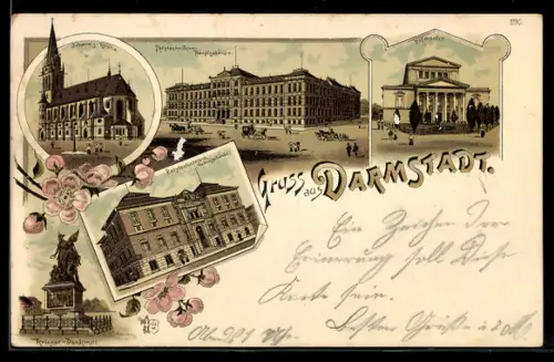 Lithographie Darmstadt, Johannis-Kirche, Hoftheater, Polytechnikum