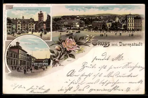 Lithographie Darmstadt, Marktplatz und Rathaus, Parade- u. Theaterplatz, Bahnhof