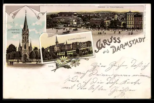 Lithographie Darmstadt, Parade- und Theaterplatz, Johanniskirche, Elisabethenstift