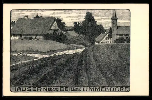 Lithographie Häusern bei Ummendorf, Ortsansicht mit Kirche