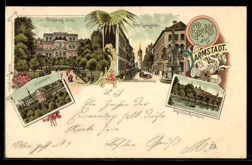 Lithographie Darmstadt, Grossherzogl. Palais, Elisabethstift, Ernst-Ludwigstrasse