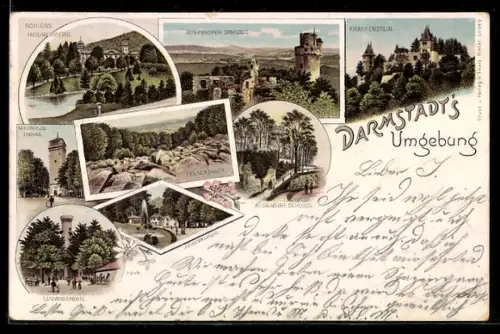 Lithographie Darmstadt, Schloss Heiligenberg, Auerbacher Schloss, Burg Frankenstein, Ludwigshöhe