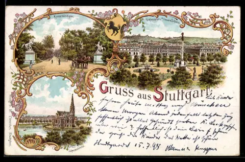 Lithographie Stuttgart, Schlossplatz m. neuem Schloss, Rossebändiger, Johanneskirche