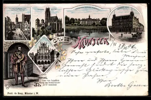 Lithographie Münster i. W., Prinzipalmarkt, Lambertikirche, Schloss, Ludgerihof