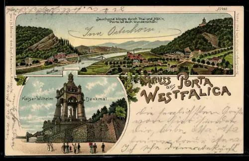 Lithographie Porta Westfalica, Kaiser Wilhelm Denkmal, Ortsansicht mit Brücke