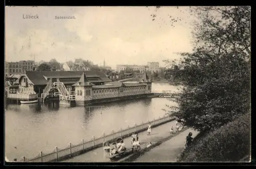 AK Lübeck, Am Krähenteich, Blick zur Badeanstalt