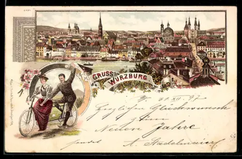 Lithographie Würzburg, Ortsansicht mit Turm-Panorama, Paar auf einem Tandem