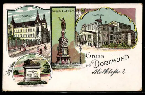 Lithographie Dortmund, Hauptpost, Stadttheater, Kriegerdenkmal 1870/71, Krieger-Denkmal 1866