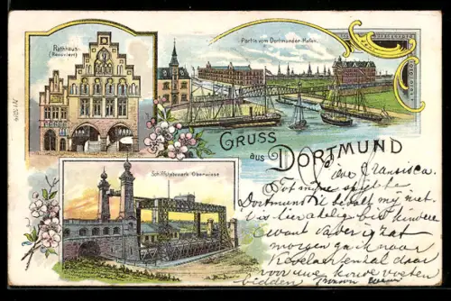 Lithographie Dortmund, Rathaus, Dortmunder Hafen, Schiffshebewerk Oberwiese
