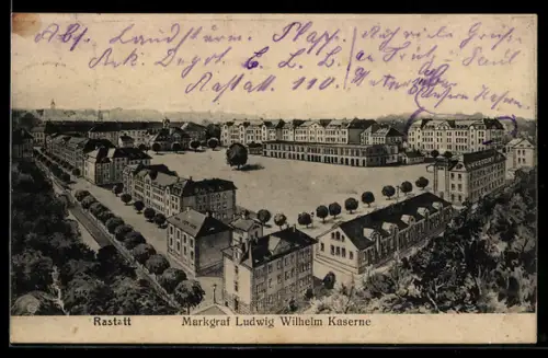 AK Rastatt, Markgraf Ludwig Wilhelm Kaserne aus der Vogelschau