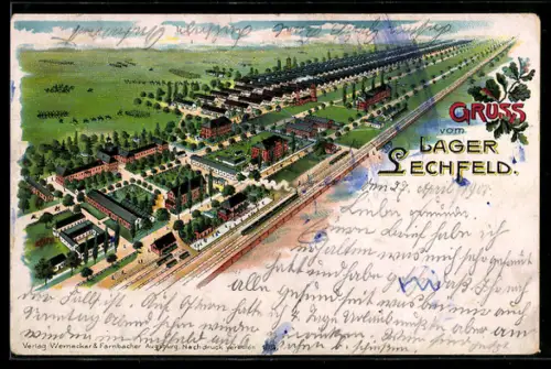 Lithographie Lager Lechfeld, Gesamtansicht des Militärlagers