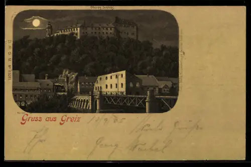 Mondschein-Lithographie Greiz, Oberes Schloss bei Nacht