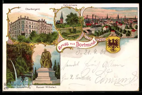Lithographie Dortmund, Oberbergamt, Vehmlinde, Kaiser Wilhelm I. Denkmal, Wappen