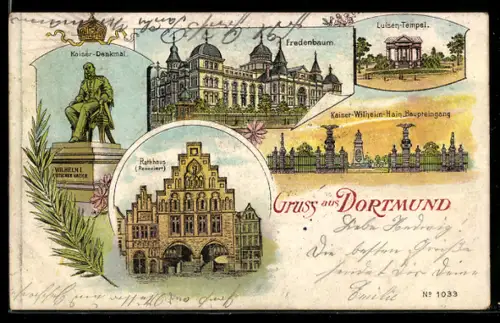 Lithographie Dortmund, Kaiser-Denkmal, Rathaus, Fredenbaum, Luisen-Tempel, Kaiser-Wilhelm-Hain Haupteingang