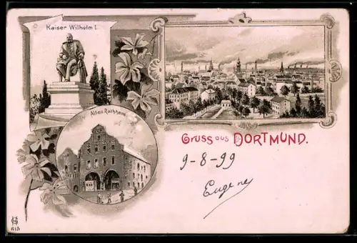 Lithographie Dortmund, Denkmal Kaiser Wilhelm I., Altes Rathaus, Ortsansicht