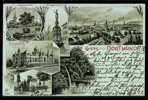 Mondschein-Lithographie Dortmund, Vehmlinde, Kriegerdenkmal, Fredenbaum, Partien an der Kronenburg