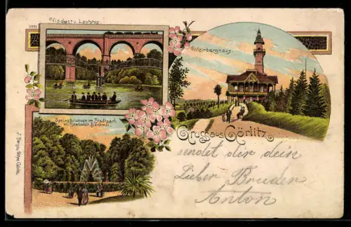 Lithographie Görlitz, Viadukt, Greifenberghaus, Springbrunnen im Stadtpark