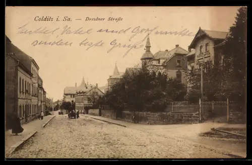 AK Colditz i. Sa., Dresdner Strasse, Panorama mit Turmgebäuden