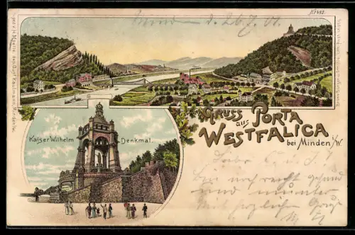 Lithographie Porta Westfalica bei Minden, Kaiser-Wilhelm-Denkmal, Wesertal, Ortsansicht