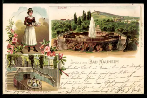 Lithographie Bad Nauheim, Sprudel, Kurbrunnen, Serviermädchen