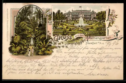 Lithographie Frankfurt-Westend, Palmengarten, Palmenhaus, Parkanlage mit Brunnen