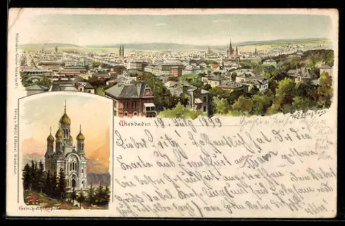 Lithographie Wiesbaden, Stadtpanorama, Griechische Kapelle