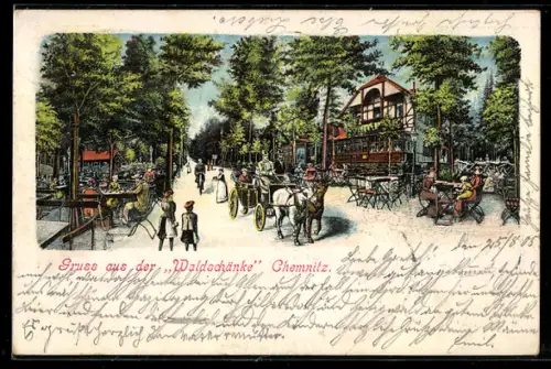 Lithographie Chemnitz, Gasthaus Waldschänke, Ausflugslokal, Kutschen, Gartenwirtschaft