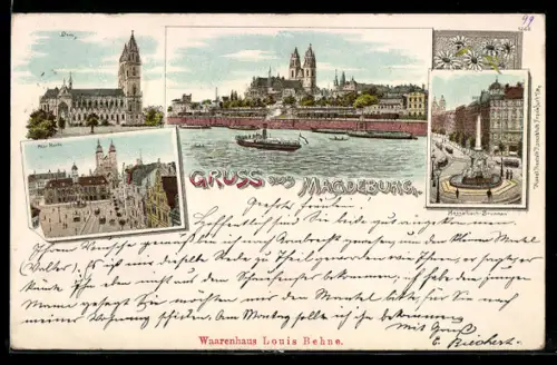 Lithographie Magdeburg, Dom, Alter Markt, Reklame Warenhaus Louis Behne