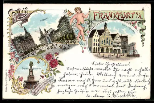 Lithographie Frankfurt a. M., Römer, Rossmarkt, Stoltze-Denkmal