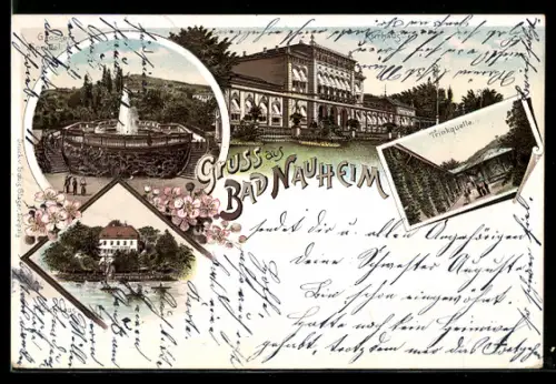 Lithographie Bad Nauheim, Trinkquelle, Brunnenanlage, Teichhhaus