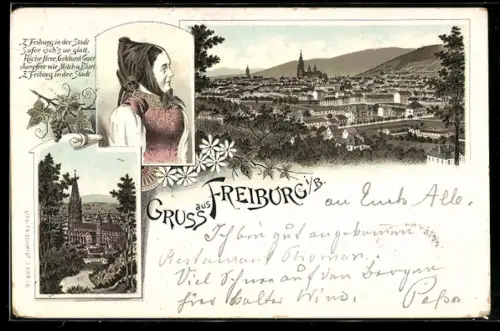 Lithographie Freiburg i. B., Panorama, Münster, Schwarzwaldtracht