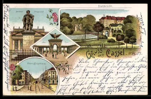 Lithographie Cassel, Drahtbrücke, Denkmal Friedrich II., Obere Königsstrasse, Aue-Thor