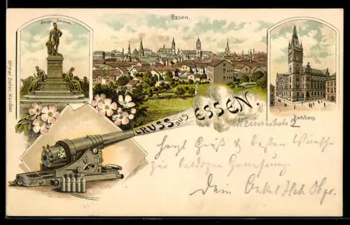 Lithographie Essen, Rathaus, Krupp-Denkmal, Ortsansicht