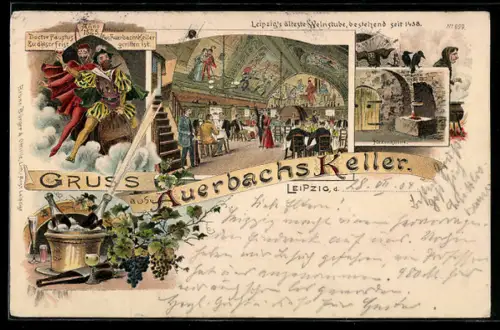 Lithographie Leipzig, Auerbachs Keller, Weinstube, Fasskeller, Wandgemälde