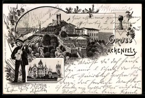 Lithographie Drachenfels, Burgruine mit Gasthaus, Drachenburg, Sänger mit Gitarre