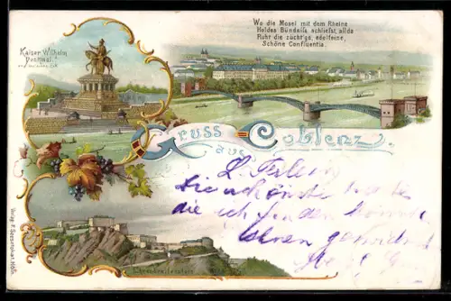 Lithographie Koblenz, Kaiser-Wilhelm-Denkmal, Moselbrücke, Festung Ehrenbreitstein