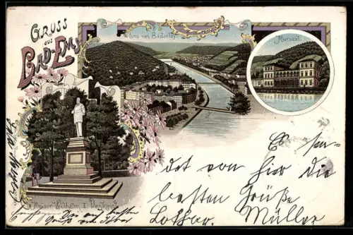 Lithographie Bad Ems, Kursaal, Denkmal Kaiser Wilhelm I., Partie vom Bäderley