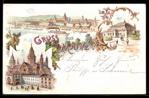 Lithographie Mainz, Dom, Stadttheater, Stadtansicht