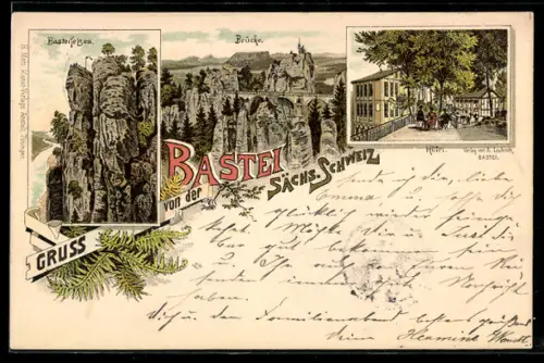 Lithographie Bastei /Sächsische Schweiz, Basteifelsen, Brücke, Hotel an der Bastei