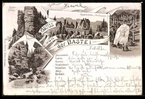Lithographie Bastei, Basteifelsen, Basteibrücke, Amselfall