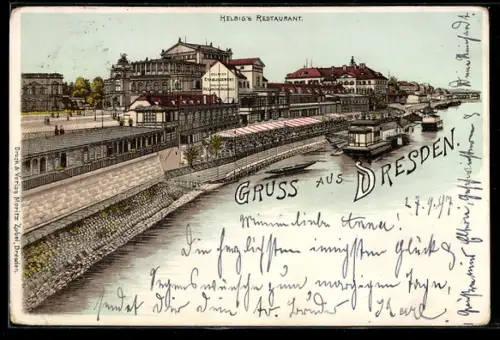 Lithographie Dresden, Helbig`s Restaurant mit Elbufer, Panorama